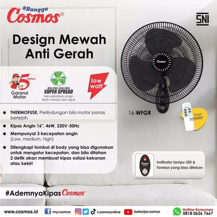 Kipas Angin Dinding WALLFAN Cosmos Remote Control 16WFGR 16 inch