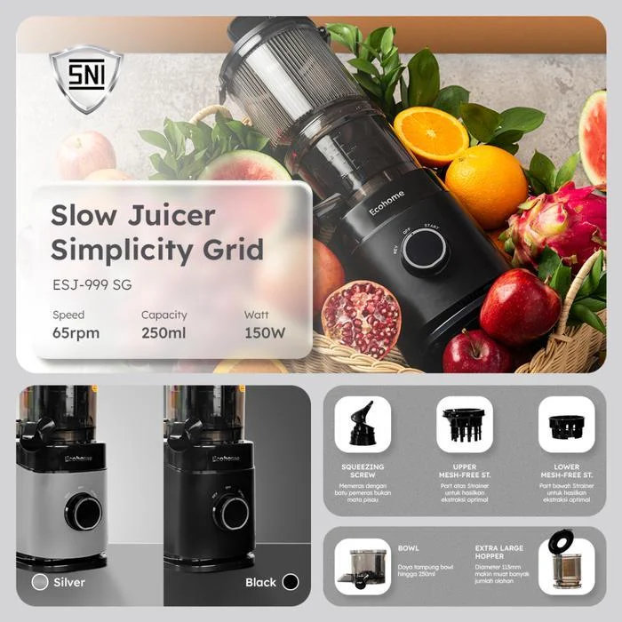 ECOHOME Slow Juicer Simplicity Grid ESJ999SG Pengekstrak Buah Muat 1 Nanas ESJ-999SG