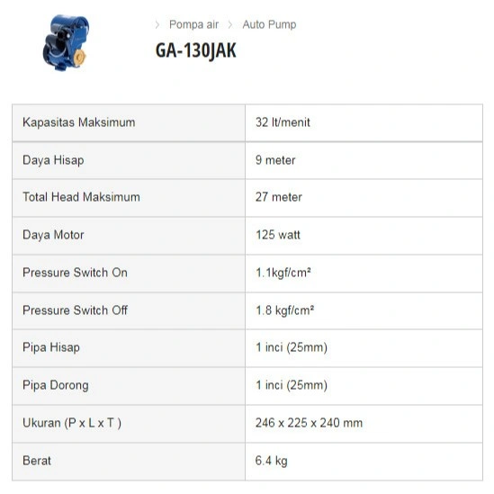 POMPA AIR PANASONIC GA-130JAK / GA 130 JAK Sumur Dangkal Otomatis