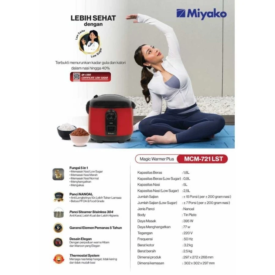 Miyako Rice Cooker Magic Warmer Plus 5In1 1,8 L MCM-721 LST MCM721 low carbo magic com