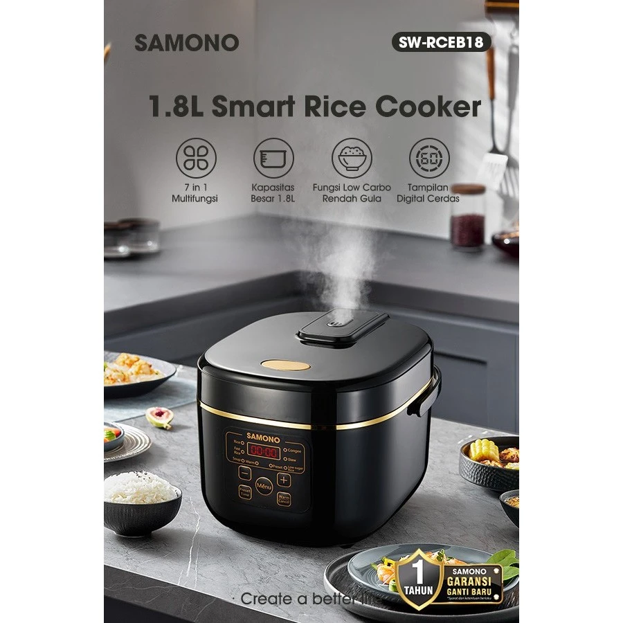 SAMONO Smart Rice Cooker Low Carbo Karbo Rendah Gula Kapasitas 1.8 Liter 7 Fungsi Memasak Garansi 1 Tahun SW-RCEB18