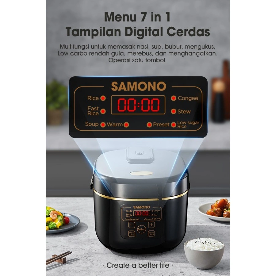 SAMONO Smart Rice Cooker Low Carbo Karbo Rendah Gula Kapasitas 1.8 Liter 7 Fungsi Memasak Garansi 1 Tahun SW-RCEB18