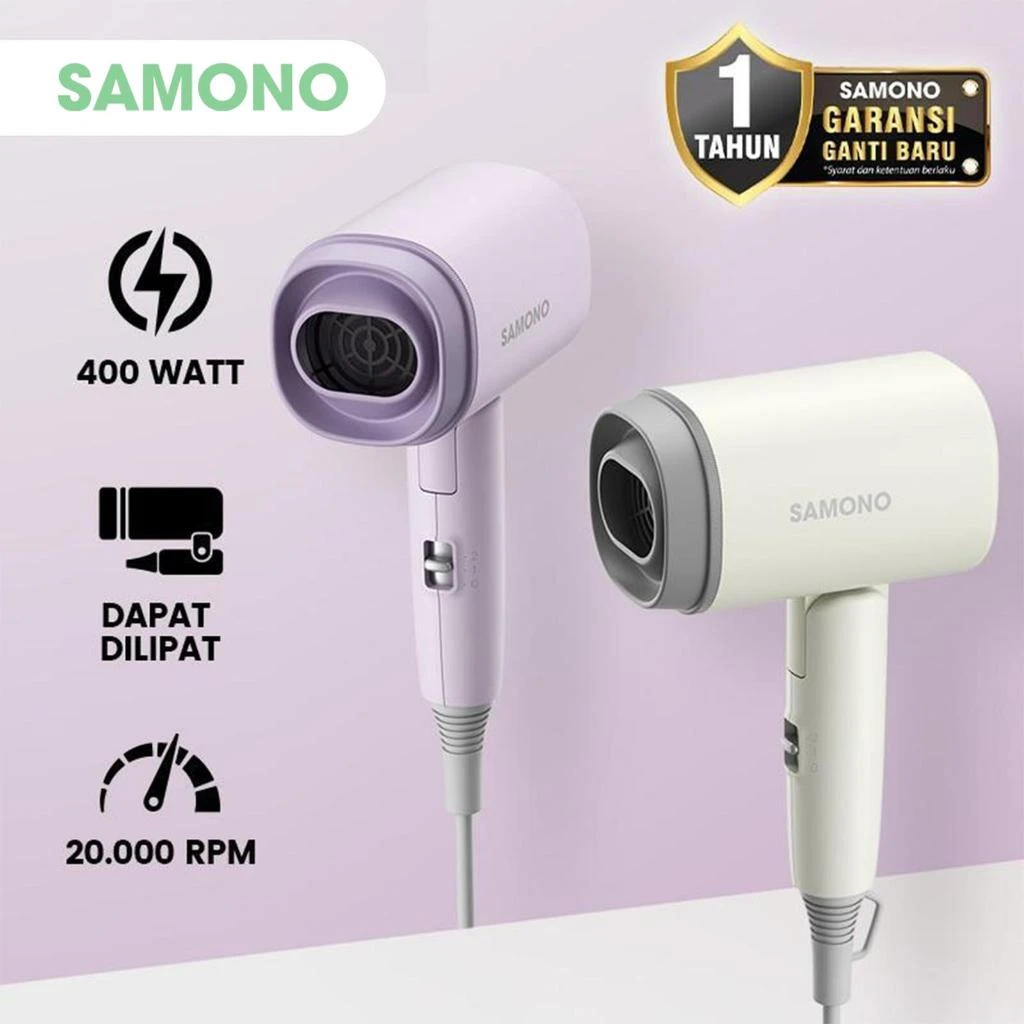 SAMONO Hair Dryer 400W Hemat Daya Cepat Kering Travel Friendly (SW-HD30) Box Ungu Pengering Hairdryer - SW-HD30 WHITE