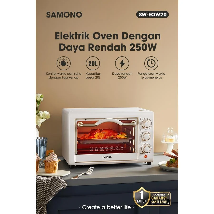 oven SAMONO Elektrik Oven 20 Liter Api Atas Bawah Hemat Daya 3 Knob Control Garansi Resmi 1 Tahun EOW20