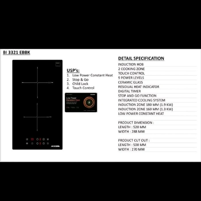 Modena BI 3321 EBBK BI3321EBBK Kompor Listrik Tanam Induksi 2 tungku 30 cm INDUCTION Built In Stove