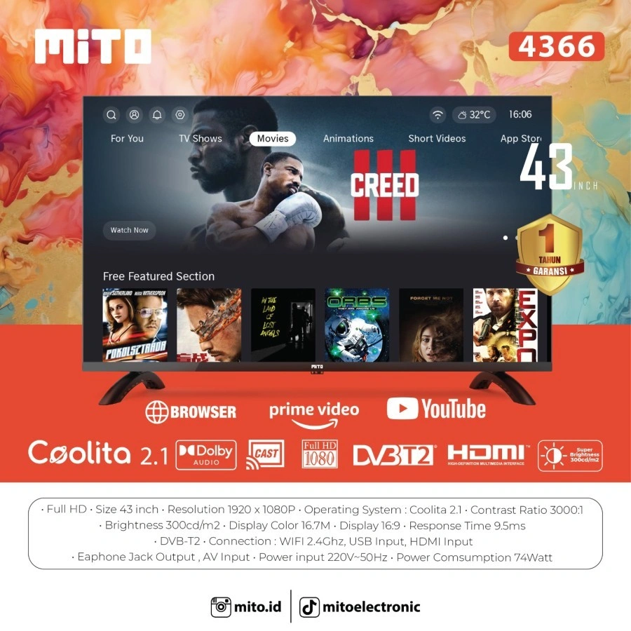 MITO Smart LED TV 4366 43 Inch Full HD - OS Coolita 2.1 netflix youtube smart lengkap