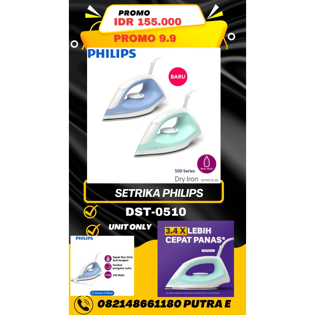 SETRIKA PHILIPS Dry Iron Anti Lengket - DST0510/20 / DST 0510 20 / DST0510 promo murah