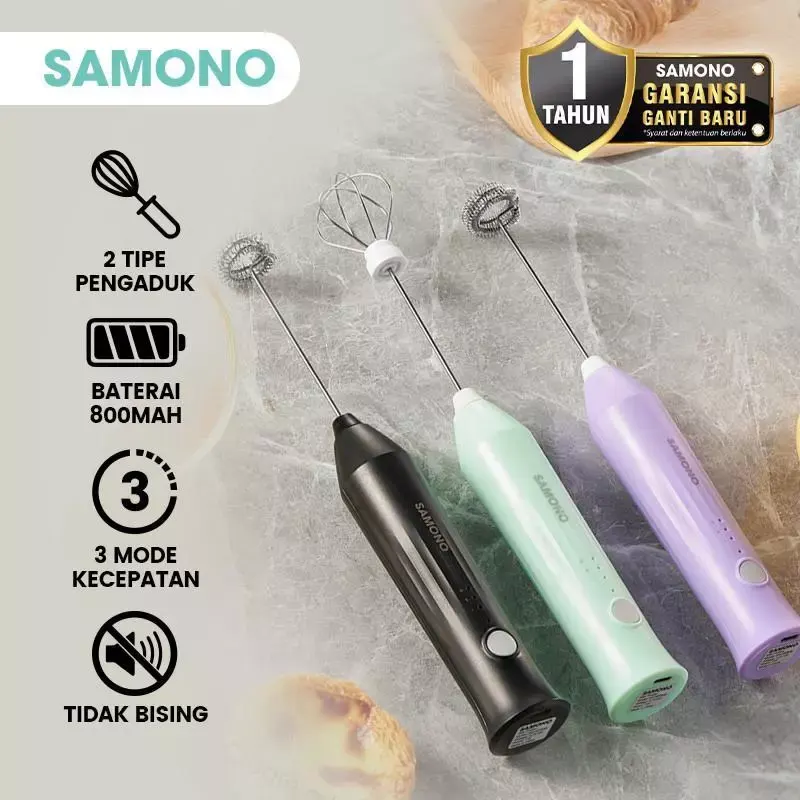 SAMONO Milk Frother Pembuat Foam Buih Busa Susu Kopi Telur 2 Tipe Pengocok 3 Mode Kecepatan Rechargeable SW-MFB40 - Hitam