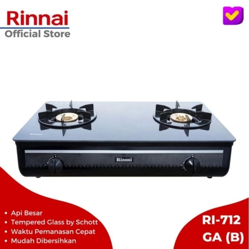 Rinnai Kompor Gas 2 Tungku Kaca  RI712G A(B) RI 712GA B RI712GA B W tempered glass
