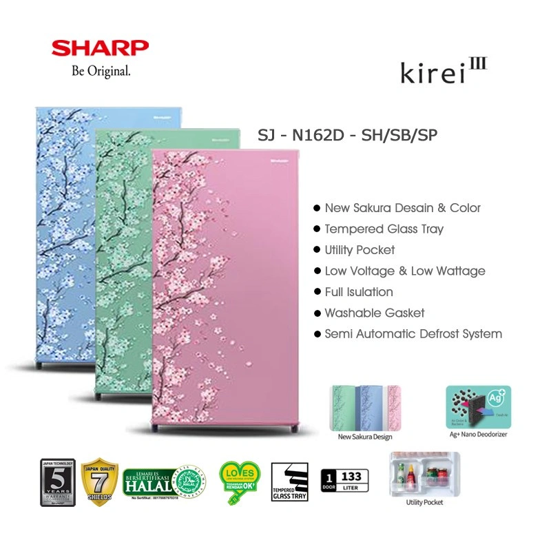 Kulkas 1 pintu SHARP Sakura Series SJ-N 162 D-SH/SB/SP SJN162 SJN 162 SAKURA Kulkas 1 Pintu 133 Liter Low Wattage  SJ-N162D-SH/SB/SP / SJ N162D / SJ N 162 D