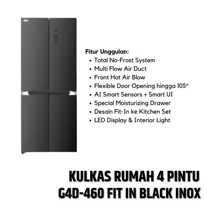 Kulkas 4 Pintu Side By Side INVERTER GEA G4D-460 BLACK GLASS G4D460 black inox