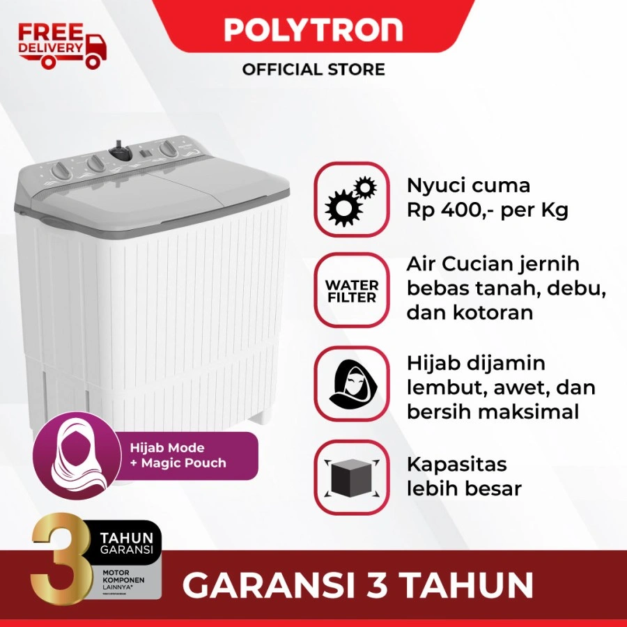 POLYTRON Mesin Cuci 2 Tabung Samba Series Hijab 9 KG PWM 9076 PWM-9076