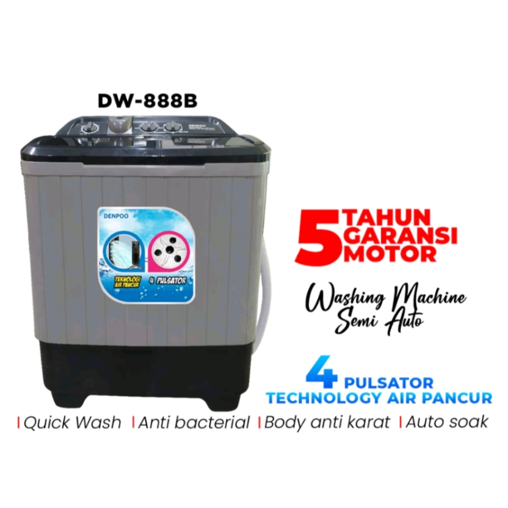 MESIN CUCI DENPOO 8KG ANTI BACTERIA 4PULSATOR  TWIN TUB DW 888 AT 8 KG DW888B