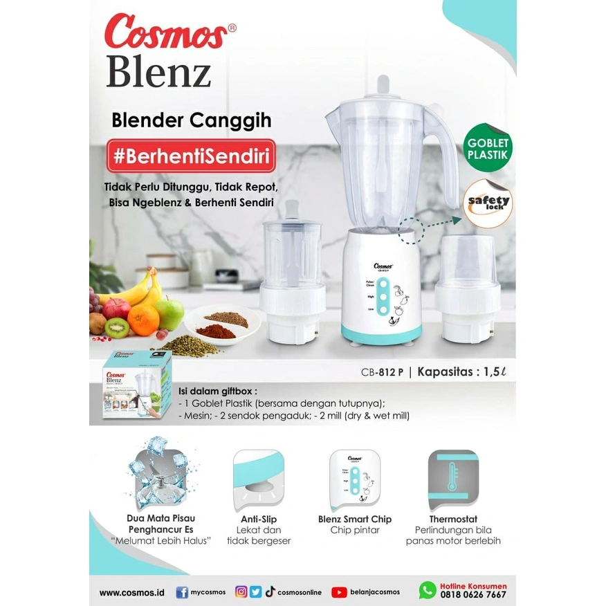 COSMOS CB 812 P BLENDER PLASTIK 1,5 LITER + 2 MILL BASAH KERING CB812P