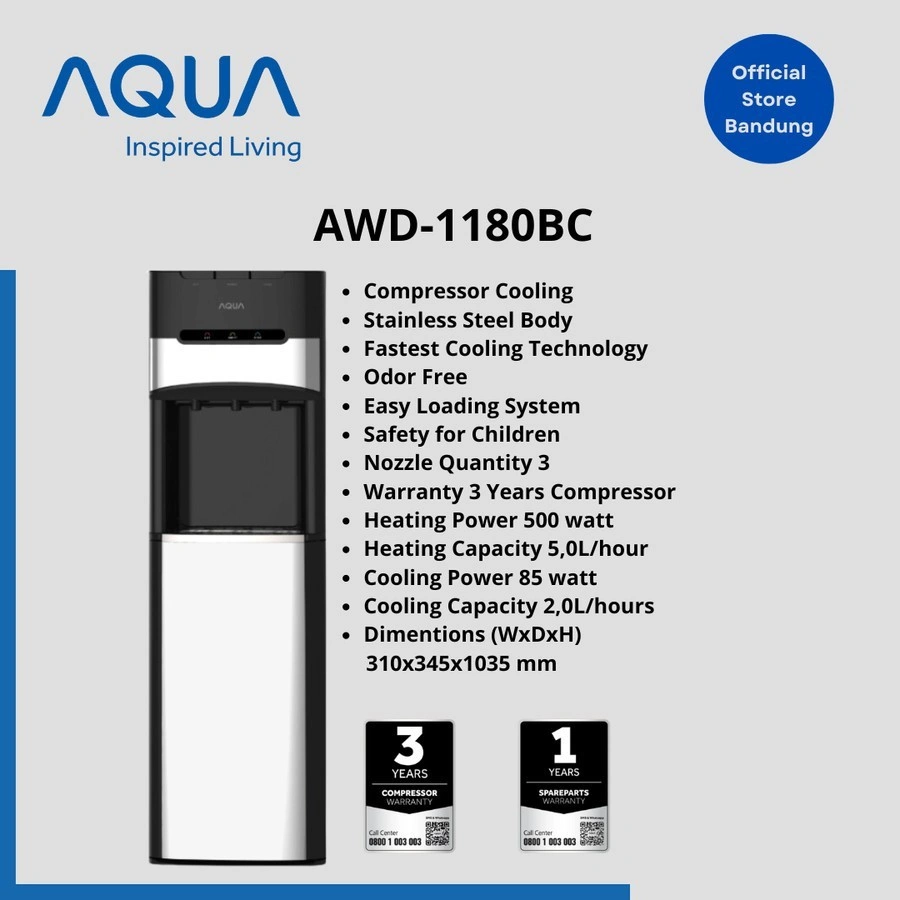 Aqua Dispenser AWD 1180 AWD1180bc kompresor galon bawah stainless