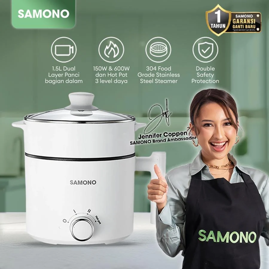 Samono Panci Listrik Hotpot Multi Cooker 1,5L Dengan Kukusan Tutup Kaca 150 Watt (SW-DG04S) Putih Stainless - SWDG04S