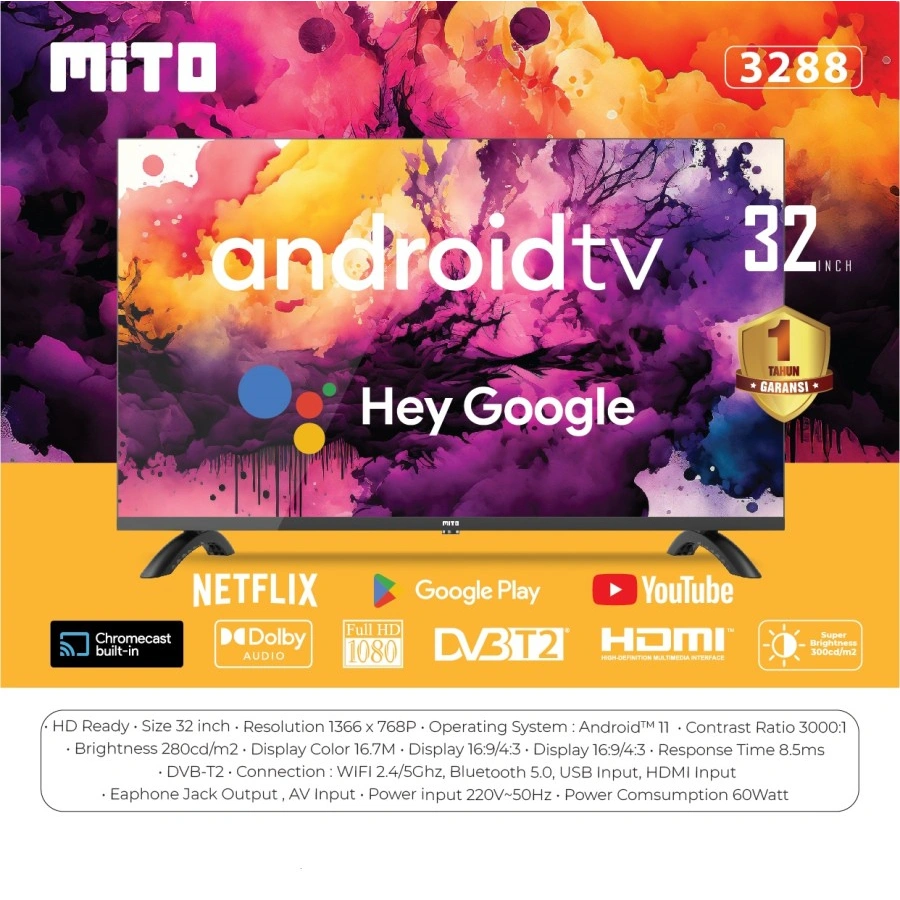 MITO TV LED 32 INCH ANDROID 11 MITO 3288 32 inch Google TV Android 11.0 - Smart TV mitochiba