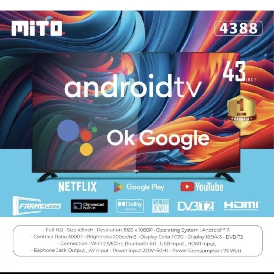 MITO TV LED 43INCH ANDROID TV 4388 full hd dvbt-2 android 11 google