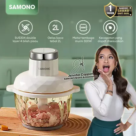Samono 300W Food Chopper Kaca 2L Food Processor 2 Speed SW-C300 Penggiling Pisau Putih Stainless Mesin SW-c300