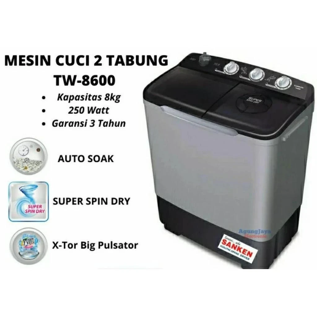 SANKEN MESIN CUCI  8KG TW-8600RL Mesin Cuci 2 Tabung 8 Kg 8600RL Garansi Resmi