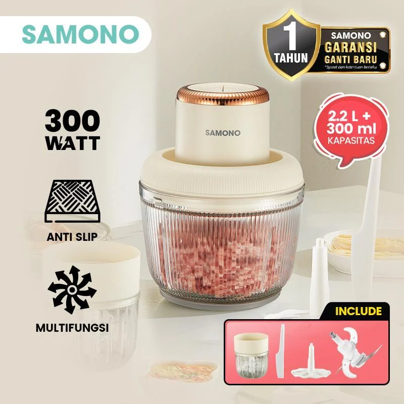 Samono Chopper 2 in 1 2,2L dan 300ml Multifungsi 300 Watt Pengggiling Daging Penghalus Makanan SW-CD300 SWCD300