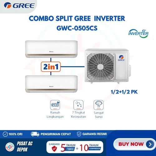 GREE AC COMBO SPLIT INVERTER  PUTIH [ 2 INDOOR 1/2 PK + 1/2 PK & 1 OUTDOOR] MODEL GWC-0505CS(S) - GWC-0505CS(S)