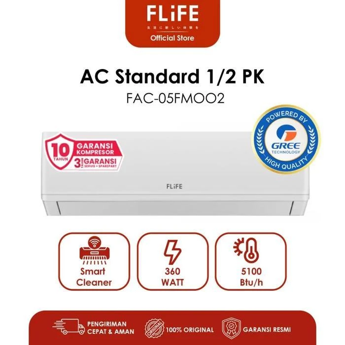 FLIFE Air Conditioner / AC 1/2pk - Standar 360W - Turbo Mode - LED Display - Smart Cleaner - Model FAC-05FMOO2 1/2 pk 0.5