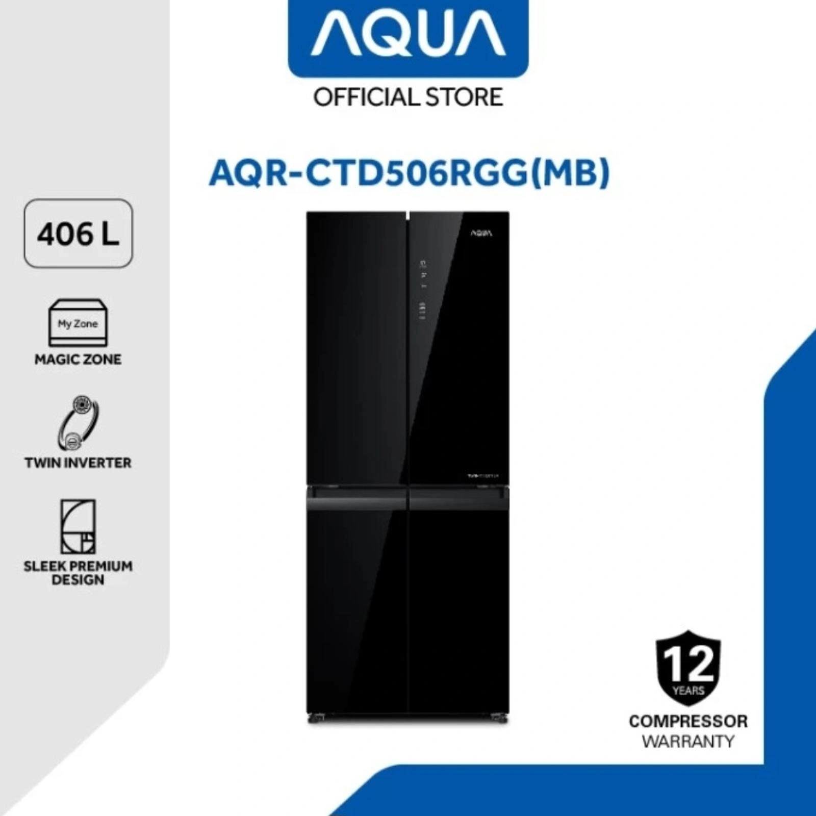 AQUA KULKAS AQUA AQR-CTD506RGC (BK) Kulkas Multidoor 406 Liter Twin Inverter AQR CTD 506RGC (MB)