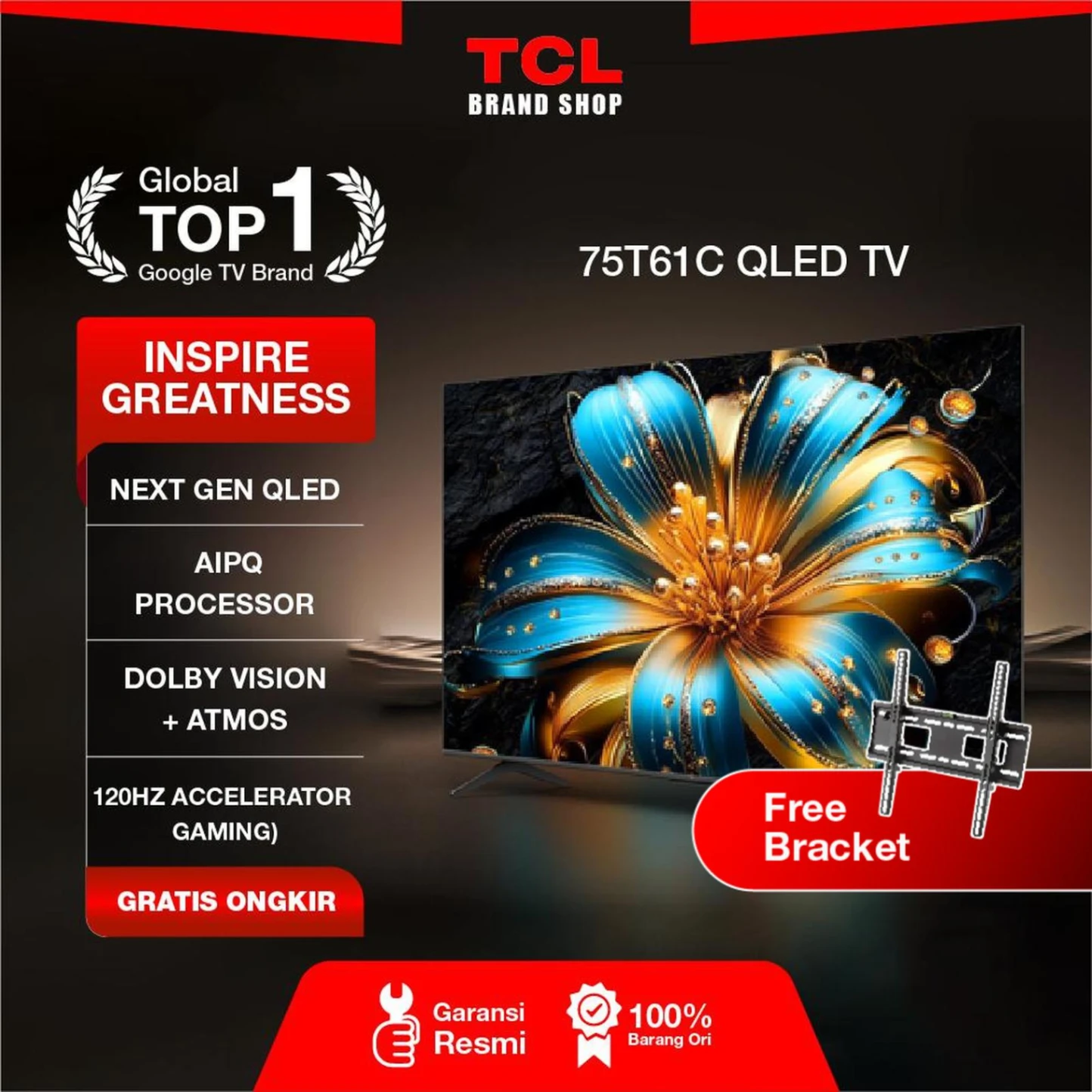 TCL TV 75 Inch QLED Google TV 4K UHD - 75T61C - 120Hz Game Accelerator - AiPQ