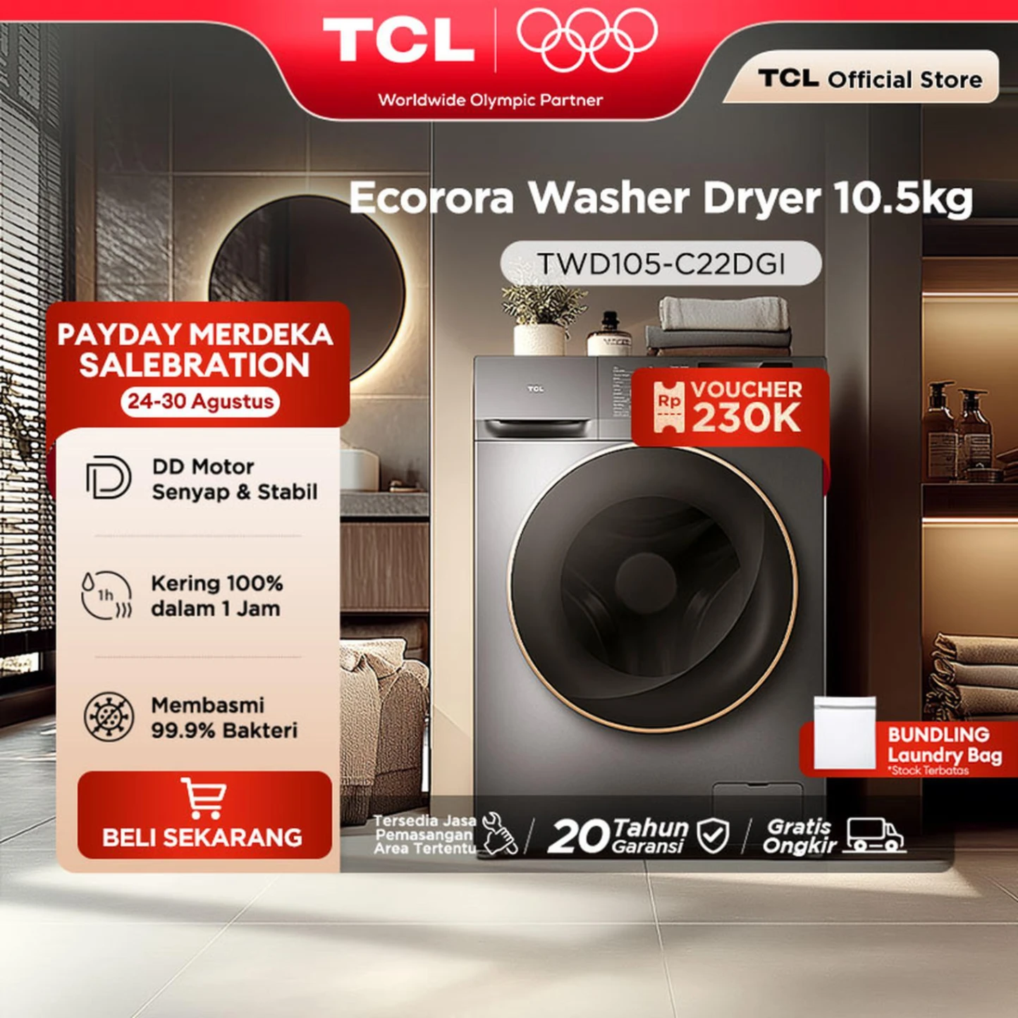 TCL Mesin Cuci Front Loading Washer Dryer 10.5 kg - 100% Kering TWD105C22DG