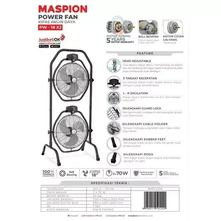 Maspion Stand Fan Kipas Angin Berdiri 18 Inchi Power Fan PW-18X2 Double Twin Fan