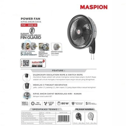 Maspion Wallfan kipas angin dinding 20 inch tornado PW2006w 2006