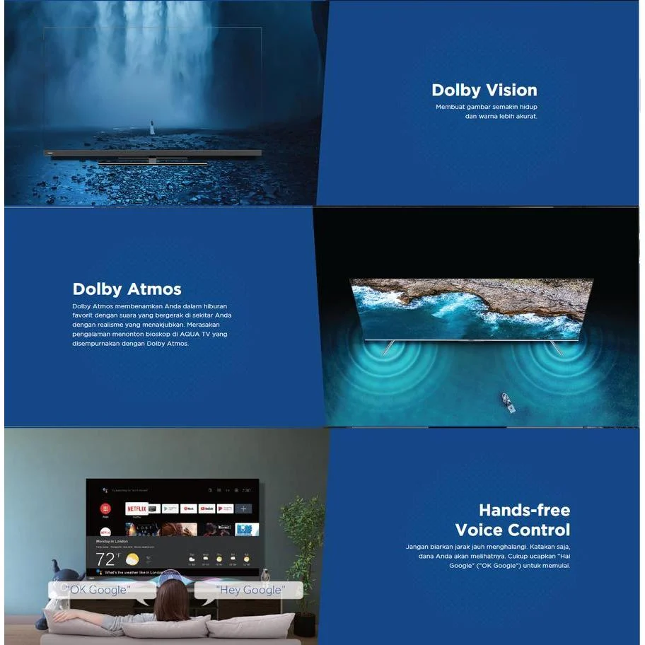 AQUA LED TV 58 inch AQT58k85FUX 58 Inch 4K Ultra HD Smart TV Android 9.0 dengan Dolby Vision & Atmos Garansi 5 Tahun Televisi LCD 100%