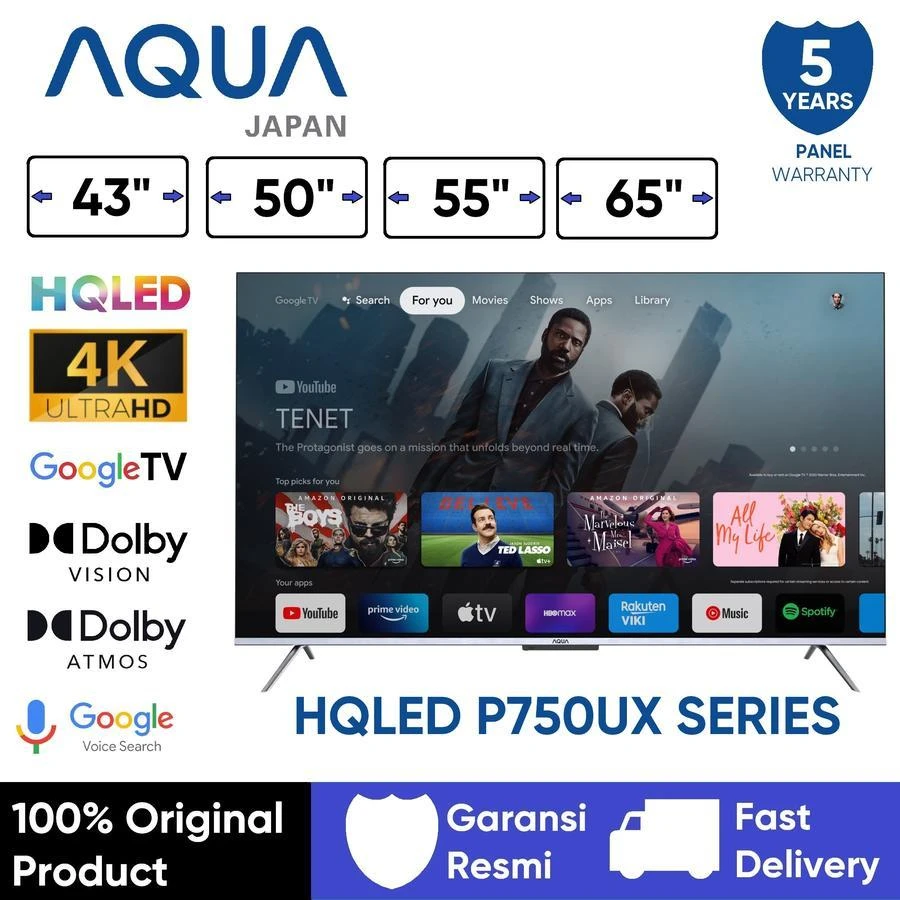 AQUA LED TV 58 inch AQT58k85FUX 58 Inch 4K Ultra HD Smart TV Android 9.0 dengan Dolby Vision & Atmos Garansi 5 Tahun Televisi LCD 100%