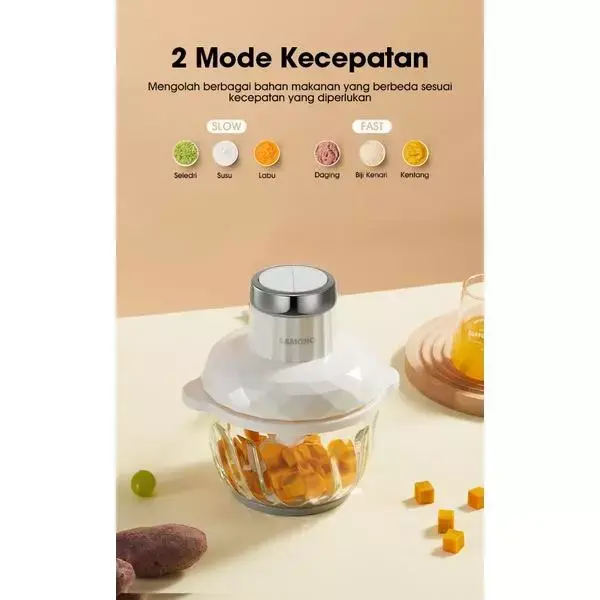 Samono 300W Food Chopper Kaca 2L Food Processor 2 Speed SW-C300 Penggiling Pisau Putih Stainless Mesin SW-c300