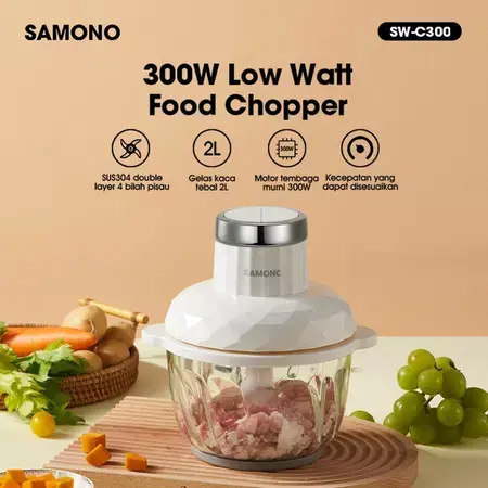 Samono 300W Food Chopper Kaca 2L Food Processor 2 Speed SW-C300 Penggiling Pisau Putih Stainless Mesin SW-c300