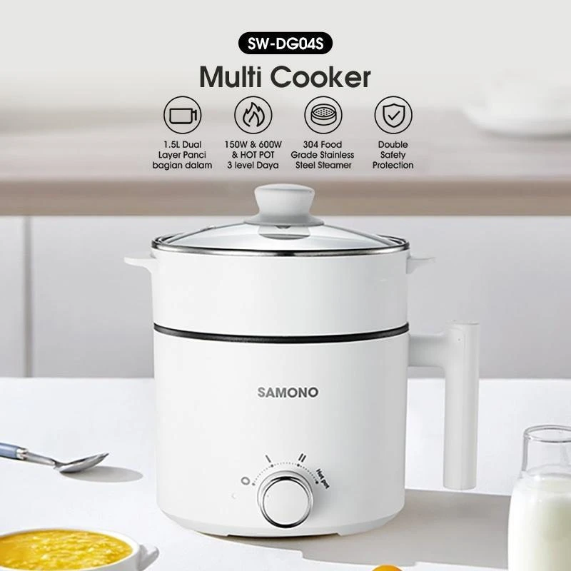Samono Panci Listrik Hotpot Multi Cooker 1,5L Dengan Kukusan Tutup Kaca 150 Watt (SW-DG04S) Putih Stainless - SWDG04S