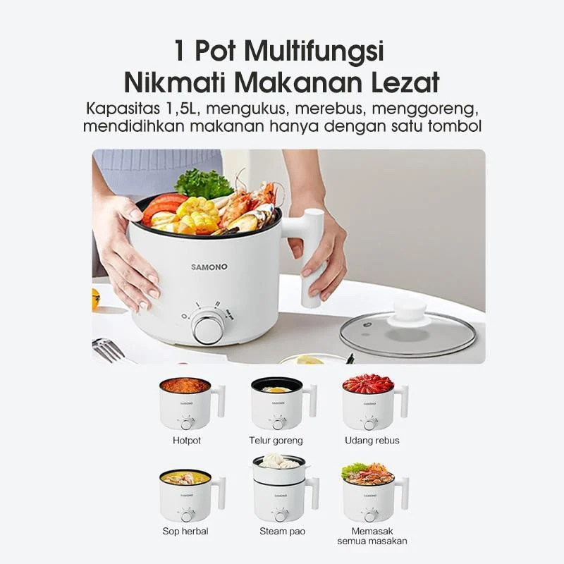 Samono Panci Listrik Hotpot Multi Cooker 1,5L Dengan Kukusan Tutup Kaca 150 Watt (SW-DG04S) Putih Stainless - SWDG04S