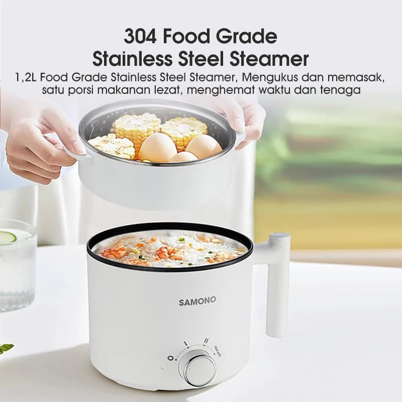 Samono Panci Listrik Hotpot Multi Cooker 1,5L Dengan Kukusan Tutup Kaca 150 Watt (SW-DG04S) Putih Stainless - SWDG04S