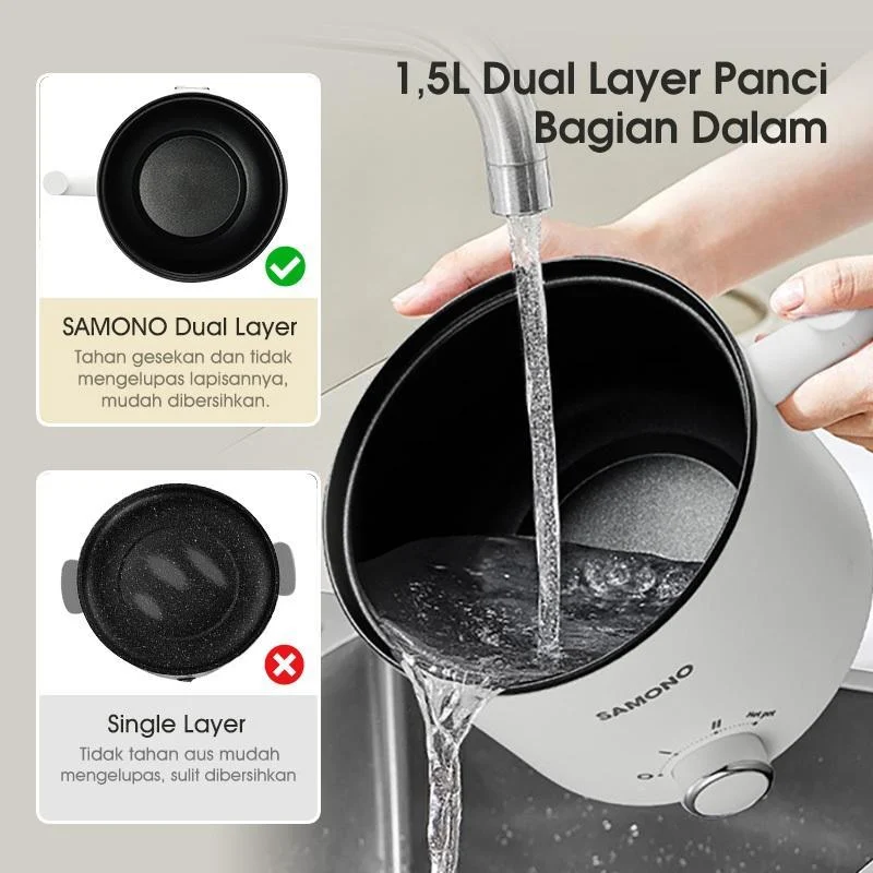 Samono Panci Listrik Hotpot Multi Cooker 1,5L Dengan Kukusan Tutup Kaca 150 Watt (SW-DG04S) Putih Stainless - SWDG04S