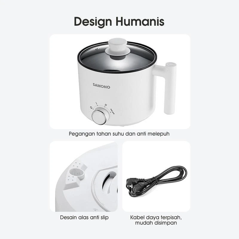 Samono Panci Listrik Hotpot Multi Cooker 1,5L Dengan Kukusan Tutup Kaca 150 Watt (SW-DG04S) Putih Stainless - SWDG04S