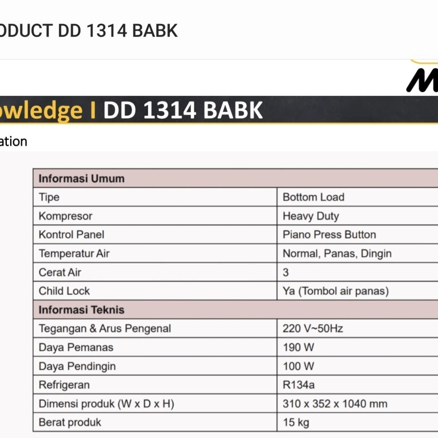 Modena DD 1314 BABK water dispenser galon bawah Kompresor hot cold norrnal DD1314BABK