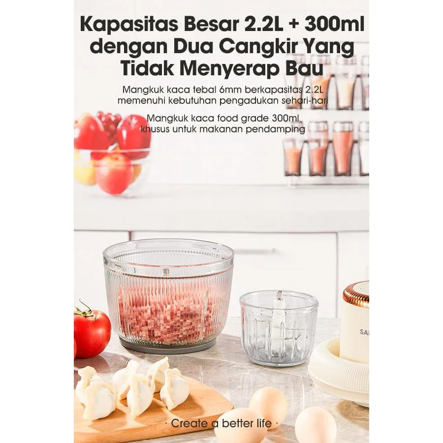Samono Chopper 2 in 1 2,2L dan 300ml Multifungsi 300 Watt Pengggiling Daging Penghalus Makanan SW-CD300 SWCD300